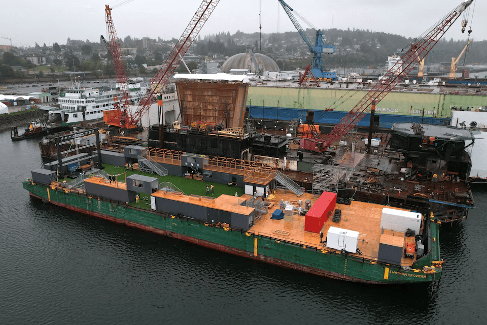 A drone view of a barge containing the Seattle Soccer Celebration floating pitch under construction at Everett Ship Repair in Everett, Washington, U.S., June 4, 2026. REUTERS/Matt Mills McKnight