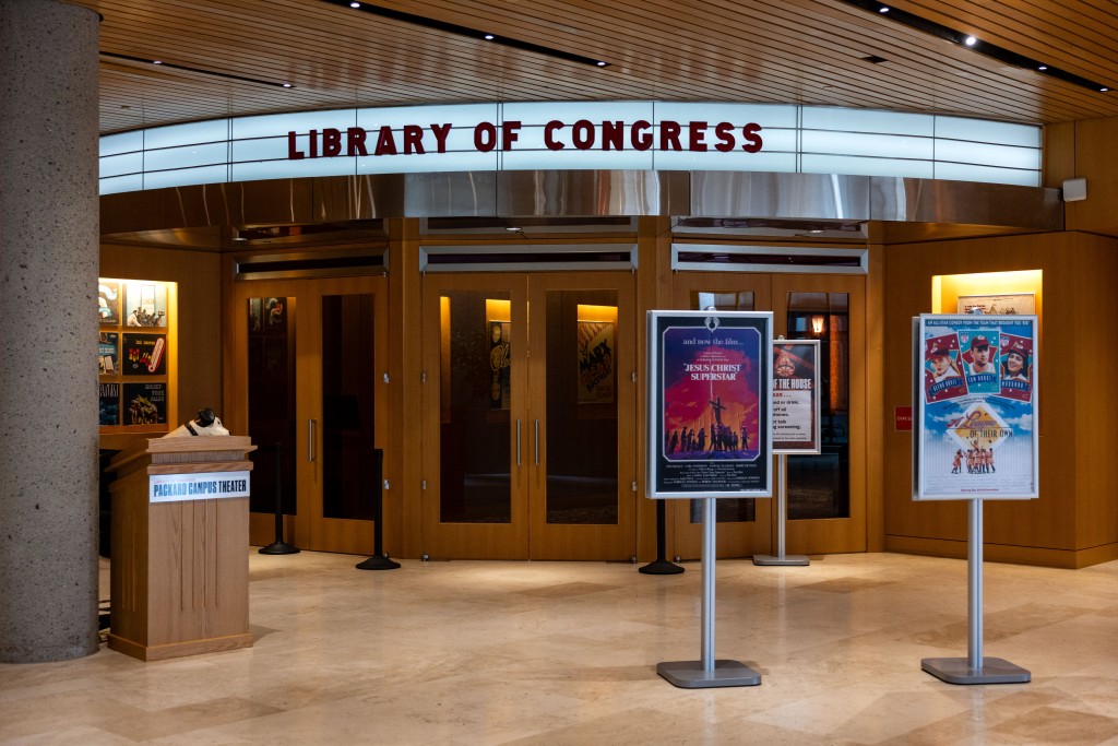 Photo by KENT NISHIMURA / AFP  The entrance of the Packard Campus theater of the Library of Congress’s National Audio-Visual Conservation Center is seen in Culpeper, Virginia, on April 2, 2026.
