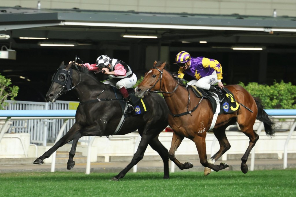 Beauty Missile (left) outstays rivals in the opening race at Happy Valley on Wednesday. Sing Tao