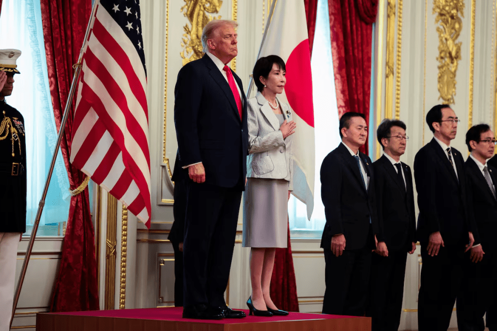 U.S. President Donald Trump and Japanese Prime Minister Sanae Takaichi attend a bilateral meeting at Akasaka Palace in Tokyo, Japan, October 28, 2025. REUTERS/Evelyn Hockstein