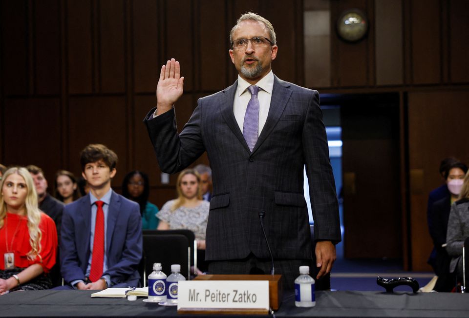 Twitter Inc.'s former security chief Peiter 'Mudge' Zatko is sworn in to testify before a Senate Judiciary Committee hearing to discuss allegations from his whistleblower complaint that the social media company misled regulators. (Reuters) Twitter Inc.'s former security chief Peiter 'Mudge' Zatko is sworn in to testify before a Senate Judiciary Committee hearing to discuss allegations from his whistleblower complaint that the social media company misled regulators. (Reuters)