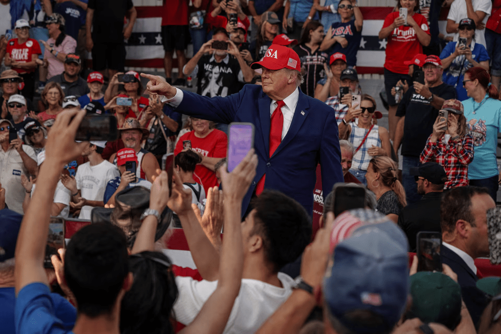 US President Donald Trump points as he leaves a campaign event in Dalton, Georgia, US October 16, 2026. REUTERS/Elijah Nouvelage