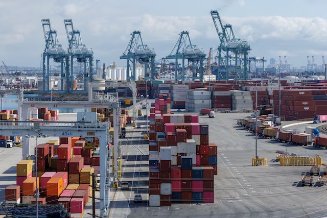 A drone view shows shipping containers from China, at the China Shipping (North America) Holding Company Ltd. facility at the Port of Los Angeles in Wilmington, California, February 4, 2025. (Reuters)