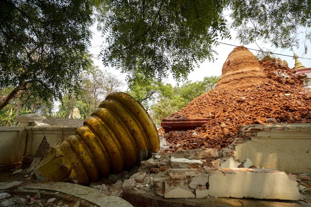 A damaged pagoda is seen following a strong earthquake in Amarapura township, Myanmar, April 4, 2025. (Reuters)