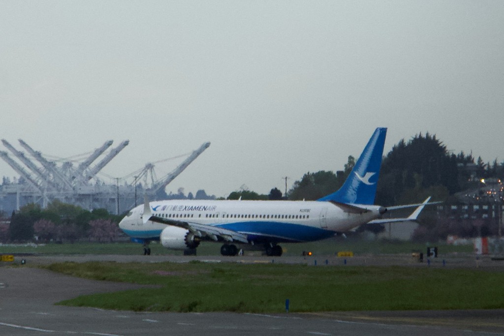 A Boeing 737 MAX plane, intended for China's Xiamen Airlines, arrives at King County International Airport after returning from China due to ongoing tariff disputes, in Seattle, Washington, US, April 19, 2025. REUTERS