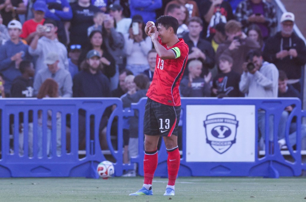 Son Heung Min celebrates scoring for South Korea against Trinidad and Tobago. REUTERS