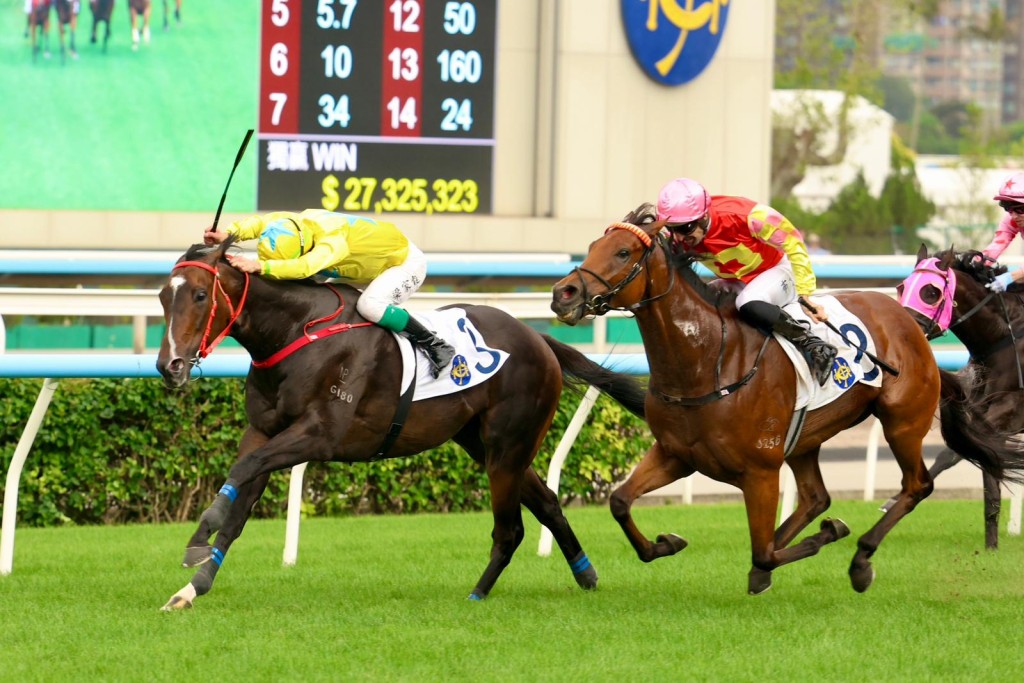 Lucky Sweynesse (left) stretches out to defeat My Wish. Sing Tao 