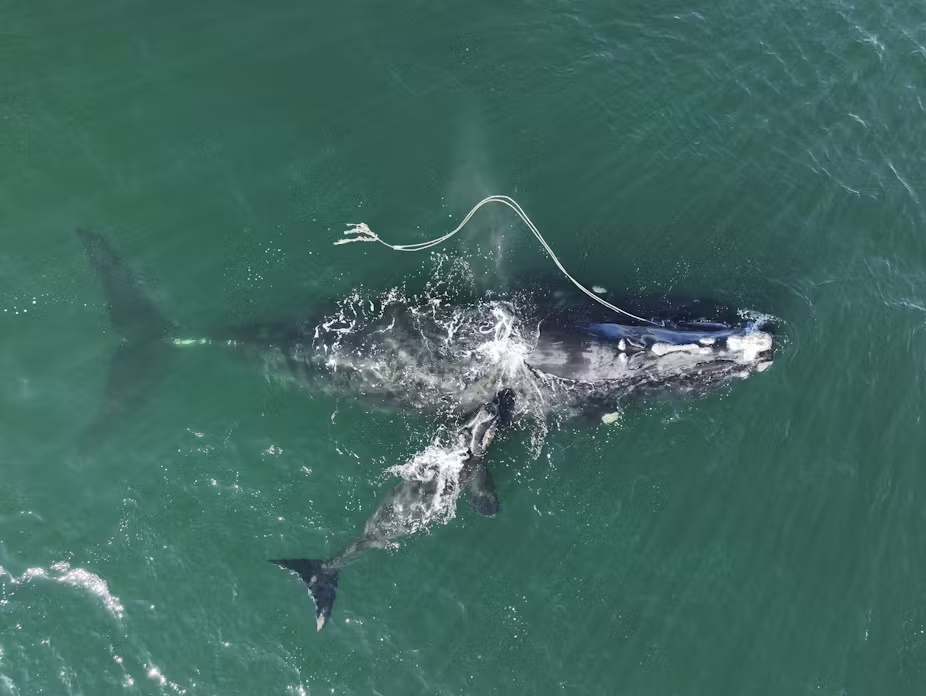 Endangered North Atlantic right whale Snow Cone, entangled in fishing rope, with her newborn calf off Georgia in 2021. Georgia Department of Natural Resources/NOAA Permit #21731, via AP Endangered North Atlantic right whale Snow Cone, entangled in fishing rope, with her newborn calf off Georgia in 2021. Georgia Department of Natural Resources/NOAA Permit #21731, via AP