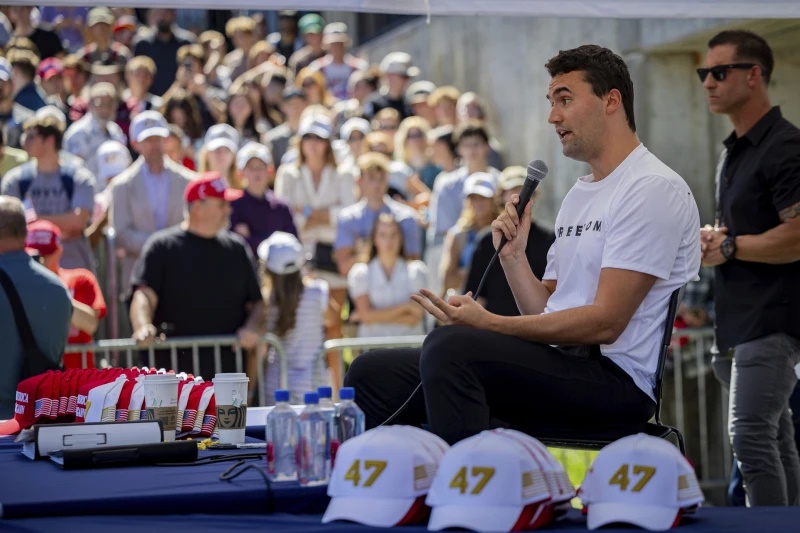 Charlie Kirk speaks before he is shot during Turning Point’s visit to Utah Valley University in Orem, Utah, Wednesday, Sept. 10, 2025. (Tess Crowley/The Deseret News via AP)