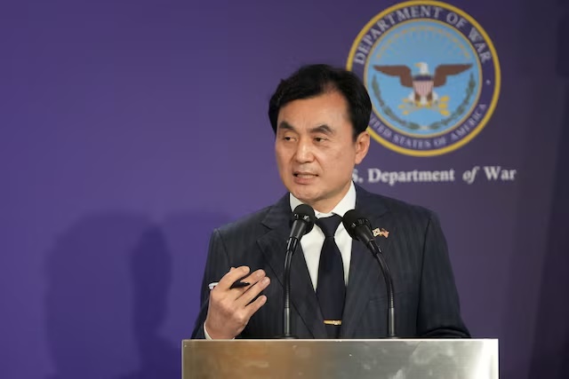 South Korean Defense Minister Ahn Gyu-Back, speaks during the joint press conference with U.S. Defense Secretary Pete Hegseth, following the 57th Security Consultative Meeting at the Defense Ministry in Seoul, South Korea, Tuesday, Nov. 4, 2025. Lee Jin-man/Pool via REUTERS