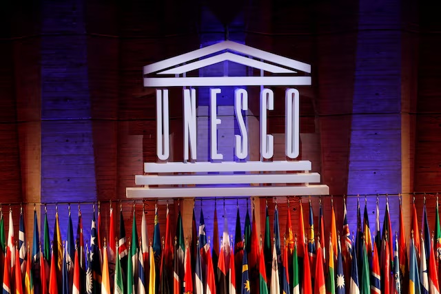 The UNESCO logo is seen during the opening of the 39th session of the General Conference of the United Nations Educational, Scientific and Cultural Organization (UNESCO) at their headquarters in Paris, France, October 30, 2017. REUTERS/Philippe Wojazer 