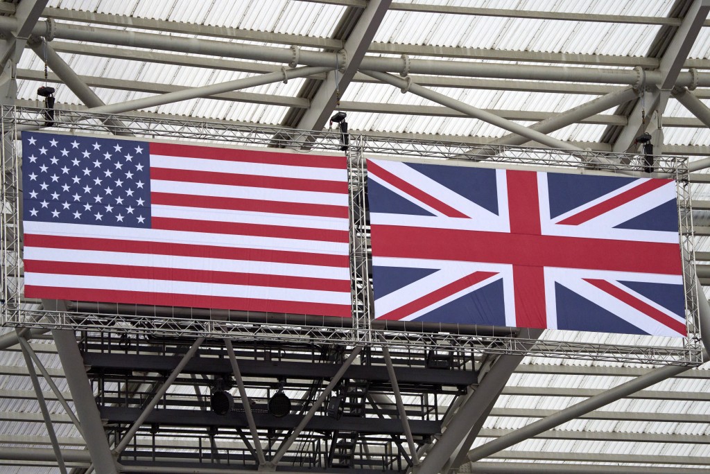 London, GBR, ENG; The US and UK flags before the London series at London Stadium between the Chicago Cubs and St. Louis Cardinals. Mandatory Credit: Peter van den Berg-USA TODAY Sports
