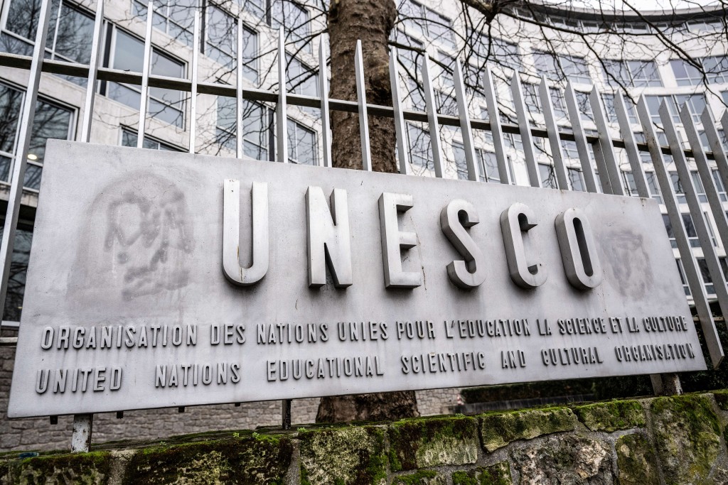 The logo of the United Nations Educational, Scientific and Cultural Organisation (UNESCO) headquarters in Paris. (AFP)