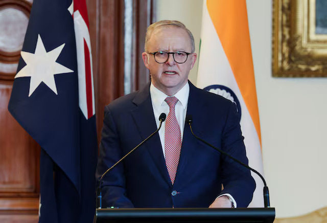 Australian Prime Minister Anthony Albanese speaks alongside Indian Prime Minister Narendra Modi (not pictured) during a press conference in Melbourne, Australia, July 9, 2026. REUTERS/Hollie Adams