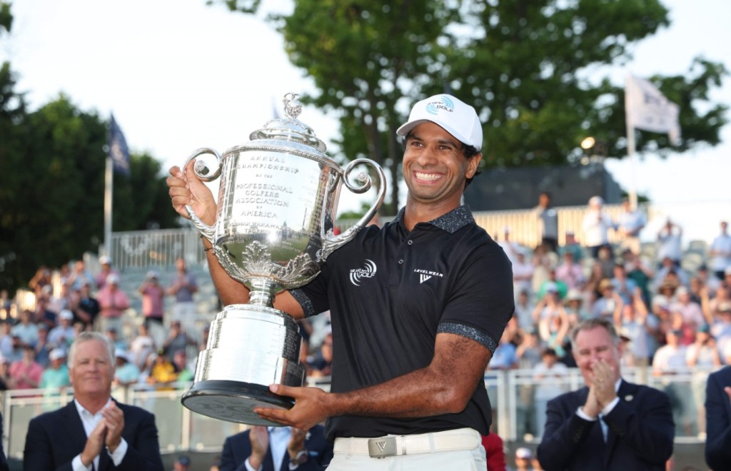Aaron Rai is only the second Englishman to lift the Wanamaker Trophy. AFP