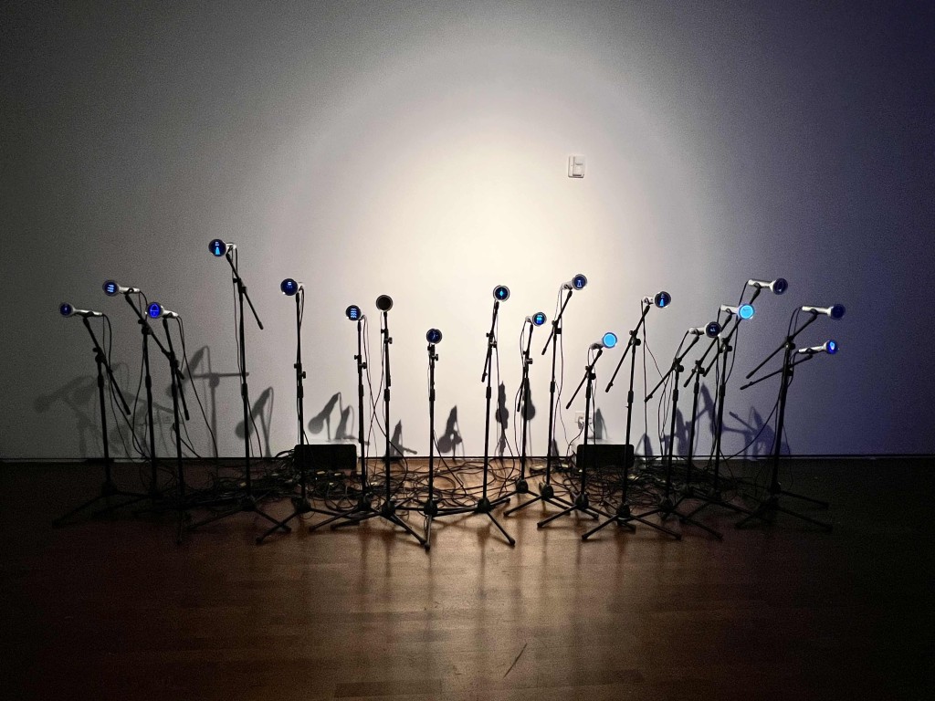Laws of Light, an installation by artist Shen Shaomin, shows a row of modified flashlights irregularly arranged on microphone stands, projecting visual representations of scientific formulas. The flashlights illuminate the darkness, now a doorway to understanding the world.