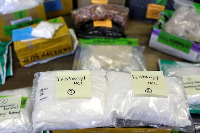 Plastic bags of Fentanyl are displayed on a table at the U.S. Customs and Border Protection area at the International Mail Facility at O'Hare International Airport in Chicago, Illinois, U.S. November 29, 2017. REUTERS/Joshua Lott/File Photo