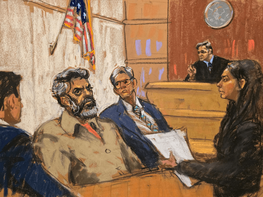 Asif Merchant, a Pakistani man with alleged ties to Iran, appears on charges in connection with a foiled plot to assassinate a U.S. politician or government officials, in a courtroom in New York, U.S., September 16, 2024 in this courtroom sketch. REUTERS/Jane Rosenberg/File Photo