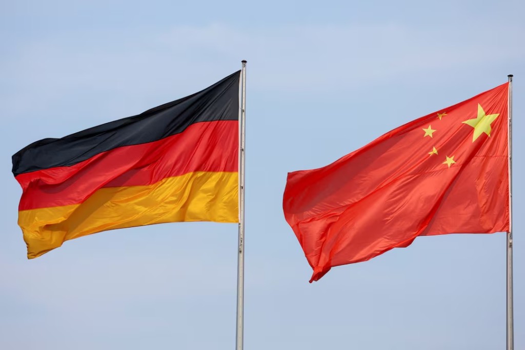 The flags of Germany and China are seen ahead of a meeting between German Chancellor Olaf Scholz and Chinese Premier Li Qiang in Berlin, Germany, June 19, 2023. REUTERS/Fabrizio Bensch/ File Photo