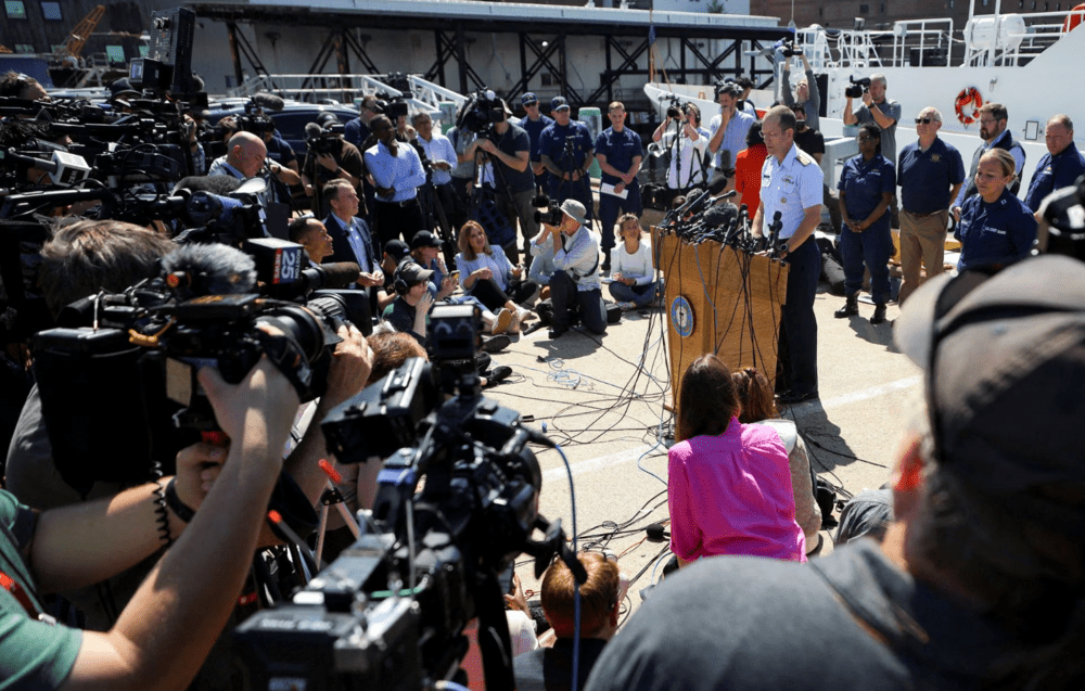 Rear Admiral John Mauger, First Coast Guard District commander, speaks during a press conference updating about the search for the missing OceanGate Expeditions submersible, in Boston, Massachusetts, June 22, 2023. (REUTERS/Brian Snyder) Rear Admiral John Mauger, First Coast Guard District commander, speaks during a press conference updating about the search for the missing OceanGate Expeditions submersible, in Boston, Massachusetts, June 22, 2023. (REUTERS/Brian Snyder)