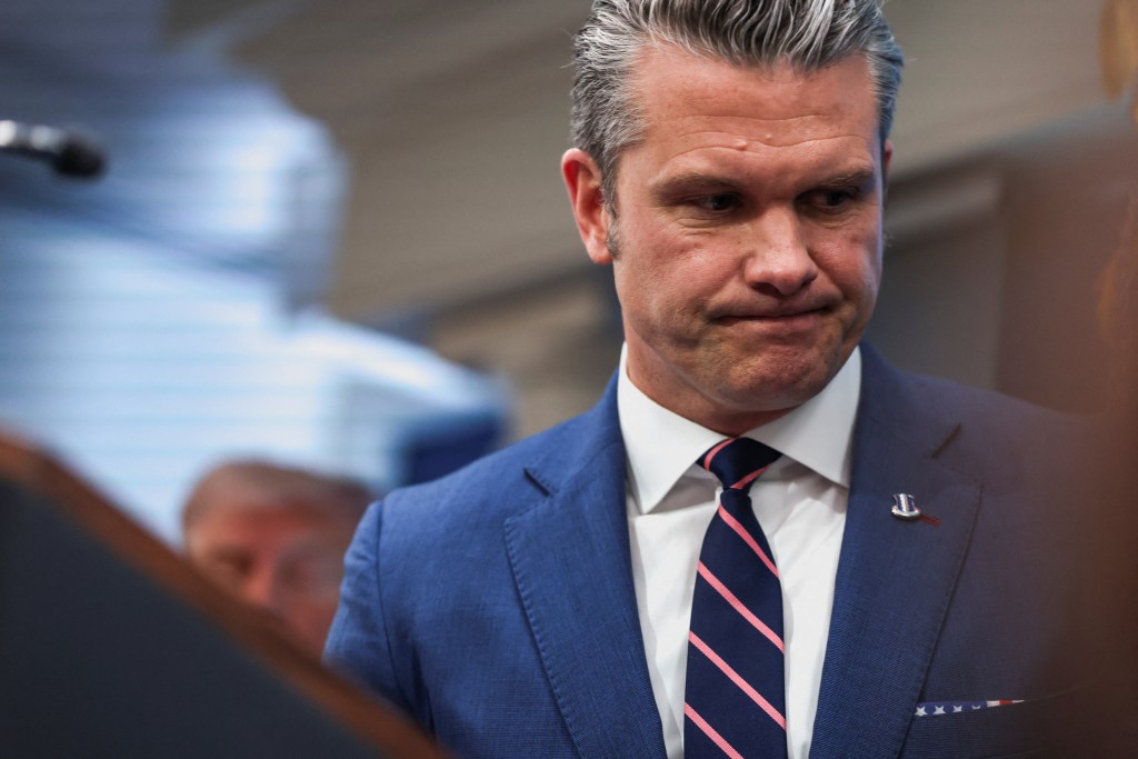 U.S. Secretary of Defense Pete Hegseth reacts during a press conference held by U.S. President Donald Trump in the James S. Brady Press Briefing Room at the White House in Washington, D.C., U.S., April 6, 2026.  (Reuters)