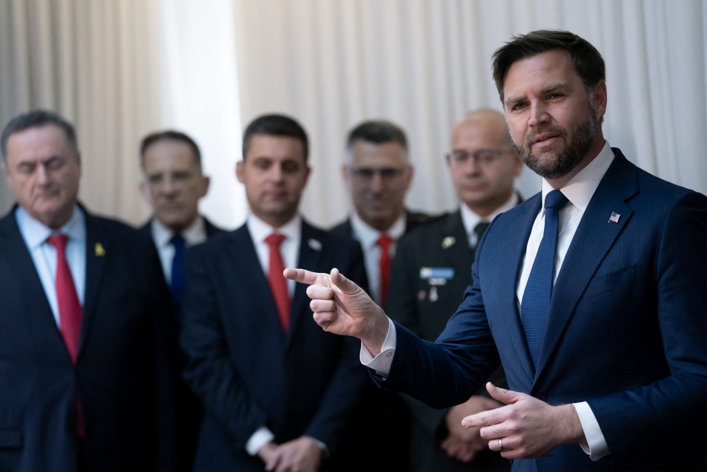 Photo by NATHAN HOWARD / POOL / AFP  US Vice President JD Vance (R) speaks during a meeting with the Israeli prime minister at the prime minister's office in Jerusalem on October 22, 2025.