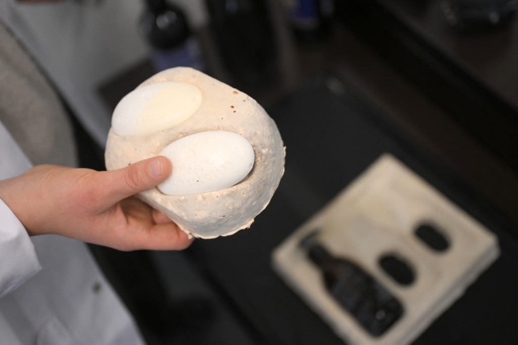 Photo by NICOLAS TUCAT / AFP  An employee holds a soap packaging made from dried mycelium and sawdust at the Permafungi production line in Brussels on November 12, 2025.