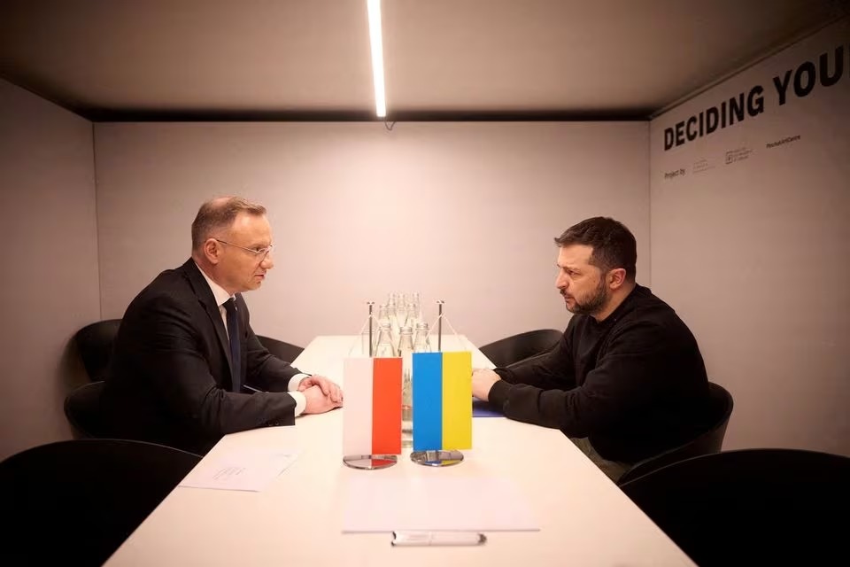 Ukraine's President Volodymyr Zelenskiy and Poland's President Andrzej Duda attend a meeting during the World Economic Forum (WEF) in Davos, Switzerland January 16, 2024. (Reuters) Ukraine's President Volodymyr Zelenskiy and Poland's President Andrzej Duda attend a meeting during the World Economic Forum (WEF) in Davos, Switzerland January 16, 2024. (Reuters)
