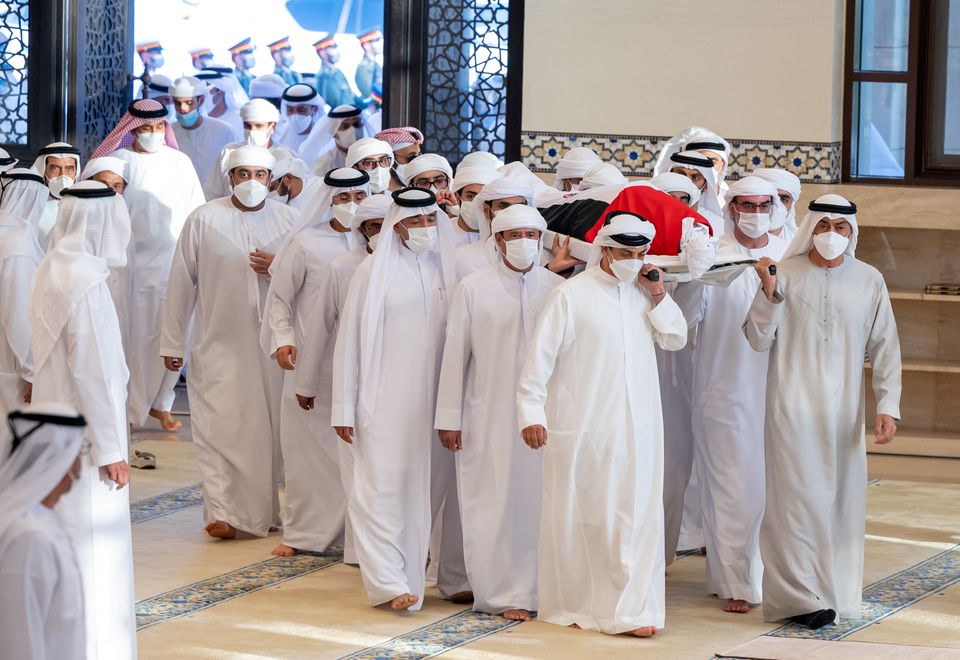 Abu Dhabi's Crown Prince Sheikh Mohammed bin Zayed Al Nahyan and UAE Deputy Prime Minister and Minister of Presidential Affairs Sheikh Mansour bin Zayed Al Nahyan carry the body of late President of the United Arab Emirates Sheikh Khalifa bin Zayed Al Nahyan during his funeral, in Abu Dhabi. (Reuters) Abu Dhabi's Crown Prince Sheikh Mohammed bin Zayed Al Nahyan and UAE Deputy Prime Minister and Minister of Presidential Affairs Sheikh Mansour bin Zayed Al Nahyan carry the body of late President of the United Arab Emirates Sheikh Khalifa bin Zayed Al Nahyan during his funeral, in Abu Dhabi. (Reuters)