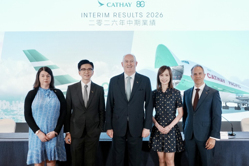From left: Rebecca Sharpe, Cathays chief financial officer; Ronald Lam; Guy Bradley, Cathays Chair; Lavinia Lau; Alex McGowan, Cathay’s chief operations and service delivery officer