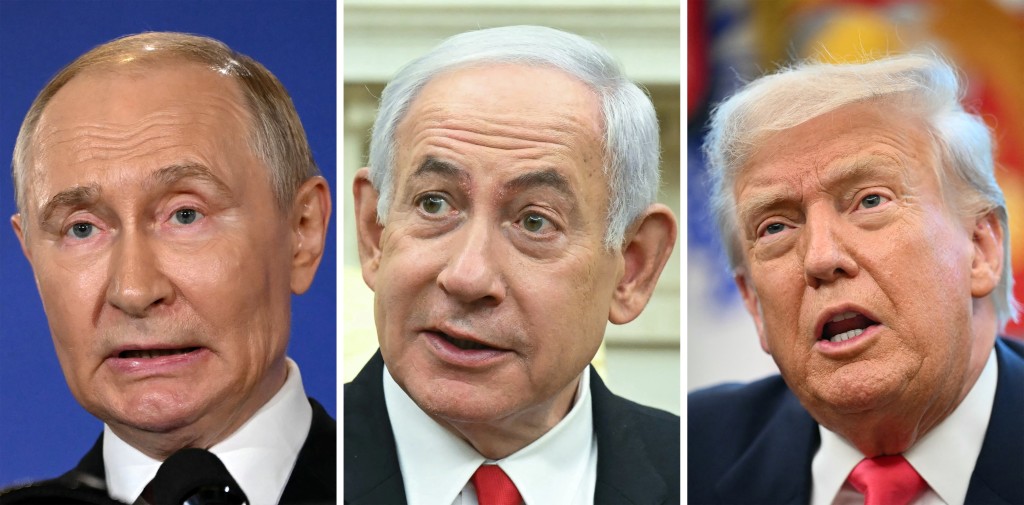  Photo by ANDREW CABALLERO-REYNOLDS / AFP This combination of file photos assembled on April 20, 2026 shows (L to R) Russian President Vladimir Putin speaking after participating in a US-Russia summit in Anchorage, Alaska, on August 15, 2025; Israeli Prime Minister Benjamin Netanyahu during a meeting with the US president in Washington, DC on April 7, 2025; and US President Donald Trump speaking in the Oval Office in Washington, DC on August 14, 2025.