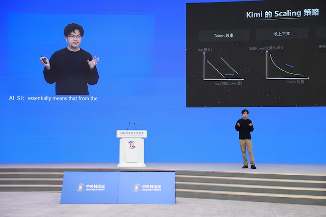 Founder of Moonshot AI Yang Zhilin delivers a speech at a conference of 2026 Zhongguancun forum, in Beijing, China March 25, 2026. REUTERS/Tingshu Wang/File Photo