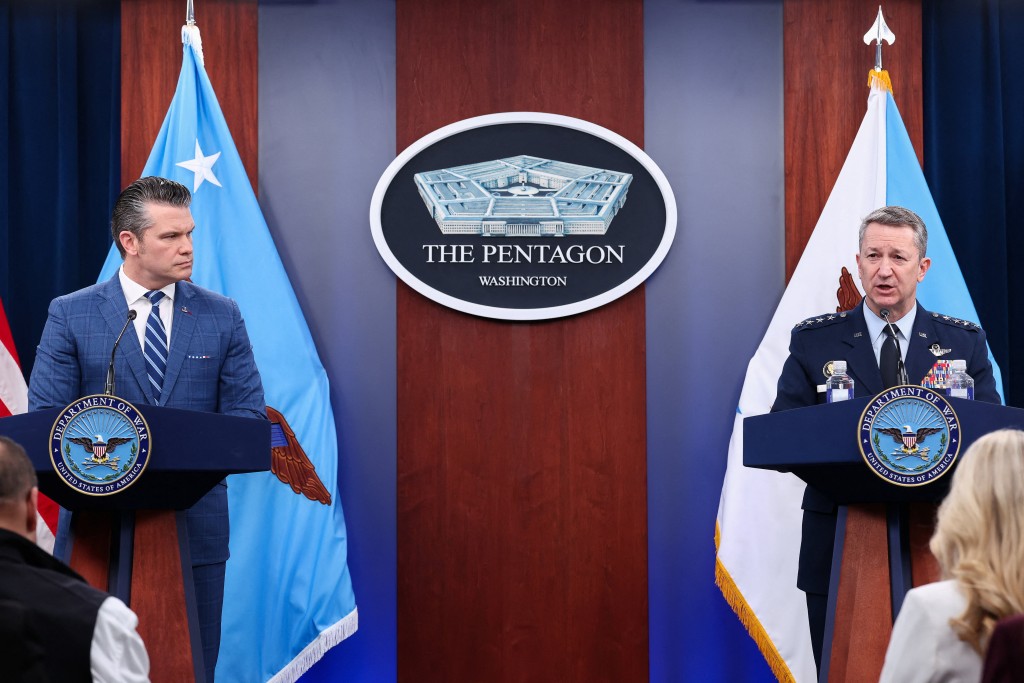 U.S. Secretary of Defense Pete Hegseth and Chairman of the Joint Chiefs of Staff Air Force General Dan Caine hold a press briefing in the Pentagon Press briefing room, following the announcement of a two-week ceasefire in the Iran war, at the Pentagon in Washington, D.C., U.S., April 8, 2026. (Reuters)
