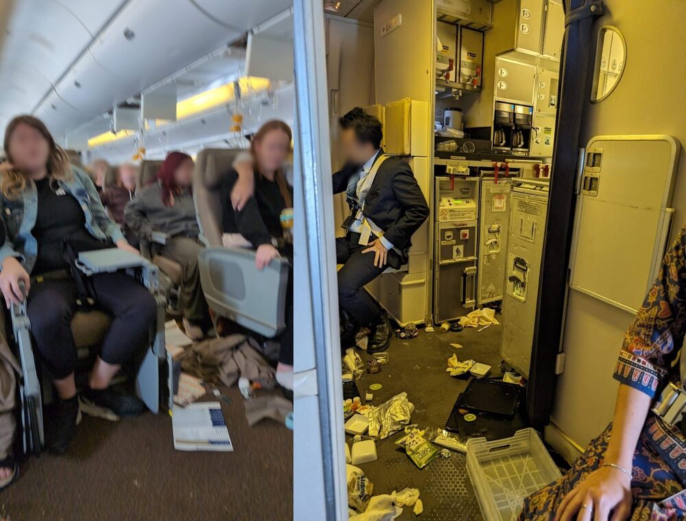 The turbulence was so severe food and other items were thrown onto the floor of the plane amid the journey.