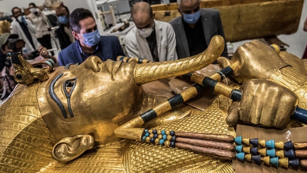 The golden sarcophagus of the Egyptian pharaoh Tutankhamun in a restoration lab at the newly built Grand Egyptian Museum in Giza. (AFP) The golden sarcophagus of the Egyptian pharaoh Tutankhamun in a restoration lab at the newly built Grand Egyptian Museum in Giza. (AFP)