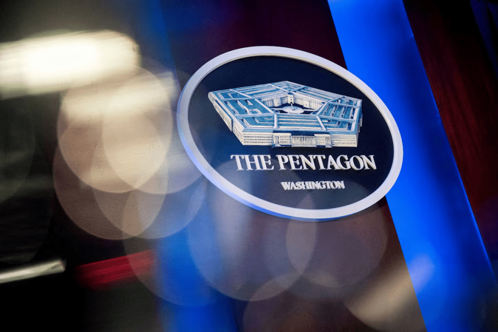 The Pentagon logo is seen behind the podium in the briefing room at the Pentagon in Arlington, Virginia, U.S., January 8, 2020. REUTERS/Al Drago/File Photo 