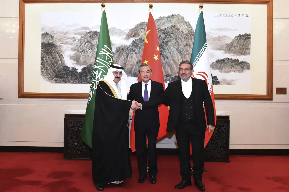 Iran and Saudi Arabia agreed Friday to reestablish diplomatic relations and reopen embassies after seven years of tensions. The major diplomatic breakthrough negotiated with China lowers the chance of armed conflict between the Mideast rivals, both directly and in proxy conflicts around the region. (Xinhua via AP) Iran and Saudi Arabia agreed Friday to reestablish diplomatic relations and reopen embassies after seven years of tensions. The major diplomatic breakthrough negotiated with China lowers the chance of armed conflict between the Mideast rivals, both directly and in proxy conflicts around the region. (Xinhua via AP)