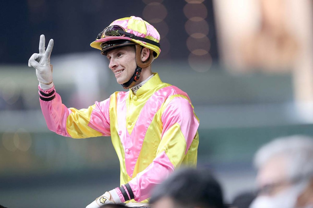 Lyle Hewitson celebrates another winner. He is sixth in the jockey standings with nine wins HKJC