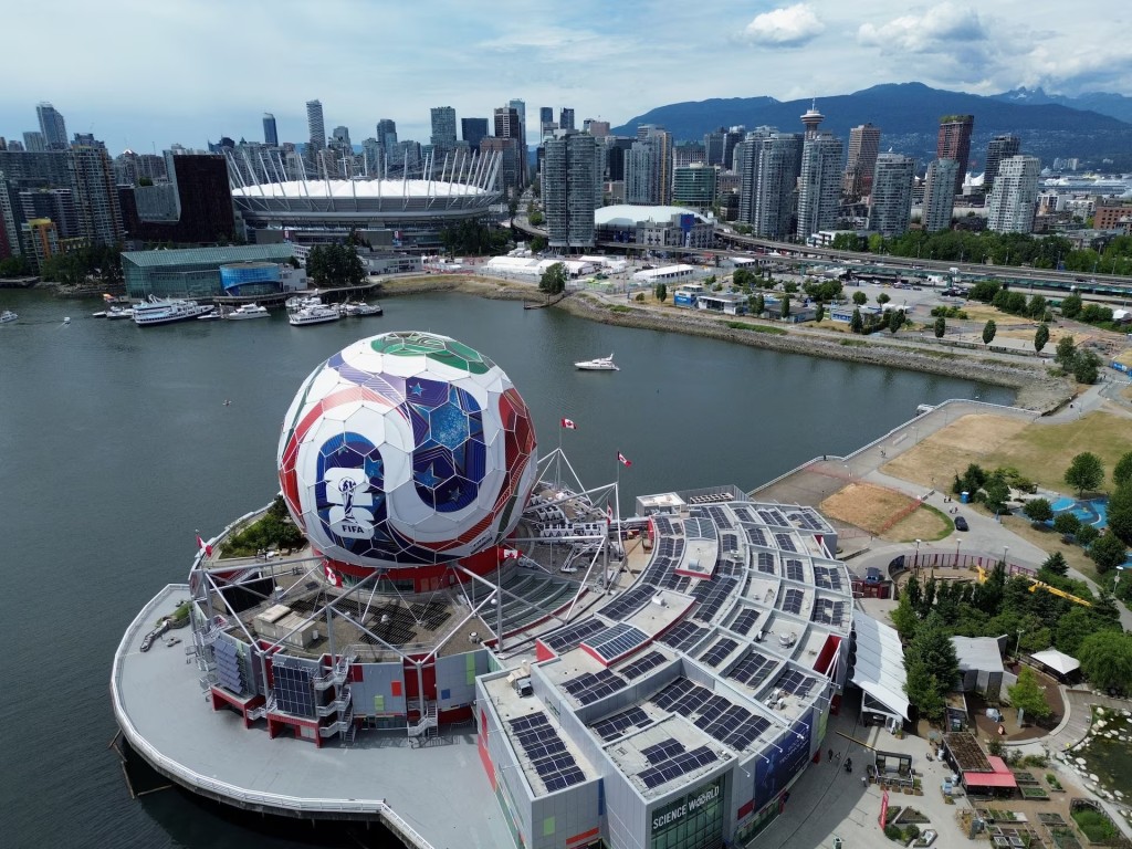 A drone image of Science World, which has been transformed into a 360-degree, 40-metre-diameter re-creation of a match ball ahead of the FIFA World Cup soccer tournament, in Vancouver, British Columbia, Canada, June 3, 2026. REUTERS/Jennifer Gauthier