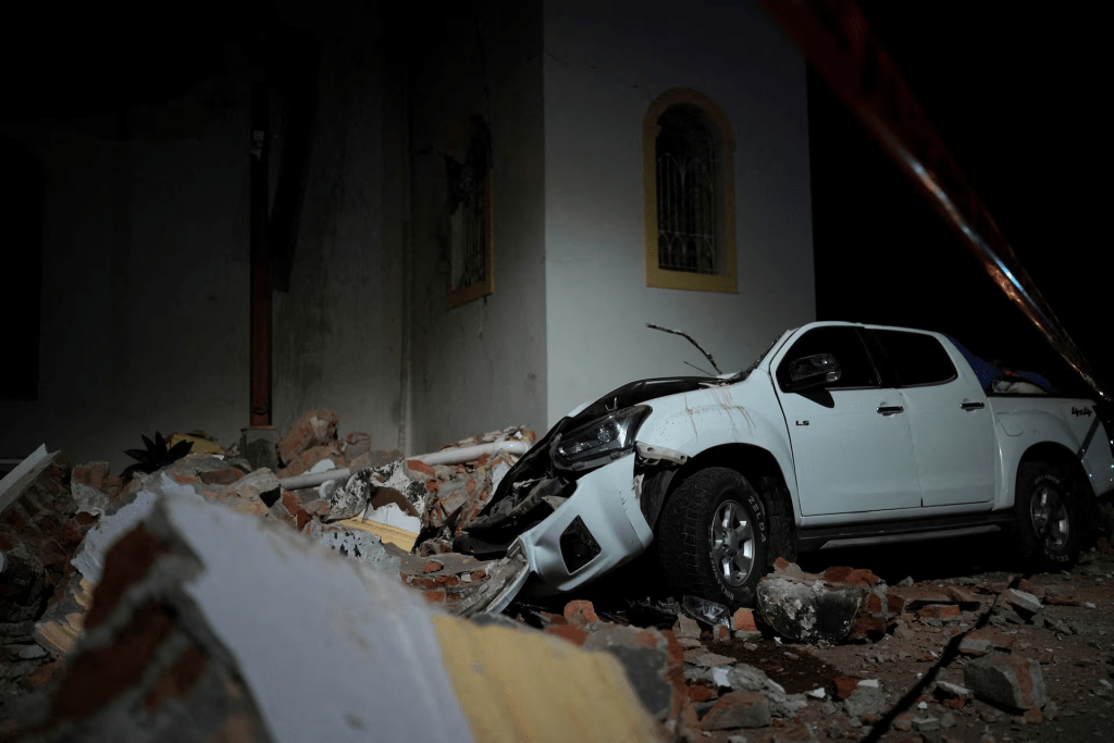 A car damaged by falling debris sits after an earthquake struck near the southern coast of Panama, in Penonome, Panama, October 9, 2026. REUTERS/Enea Lebrun 
