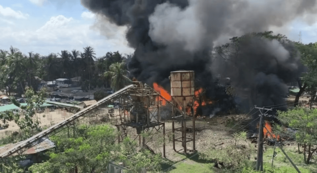 Smoke rises as fire burns following a Myanmar military airstrike, according to a rebel group that controls the area and a local aid worker, in Kyauktaw, Rakhine State, Myanmar, in this screen grab obtained from a social media video released September 28, 2026. Social Media/via REUTERS