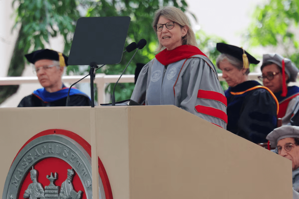 MIT President Sally Kornbluth speaks during Commencement ceremonies at the Massachusetts Institute of Technology in Cambridge, Massachusetts, U.S., May 30, 2024. REUTERS/Brian Snyder/File Photo