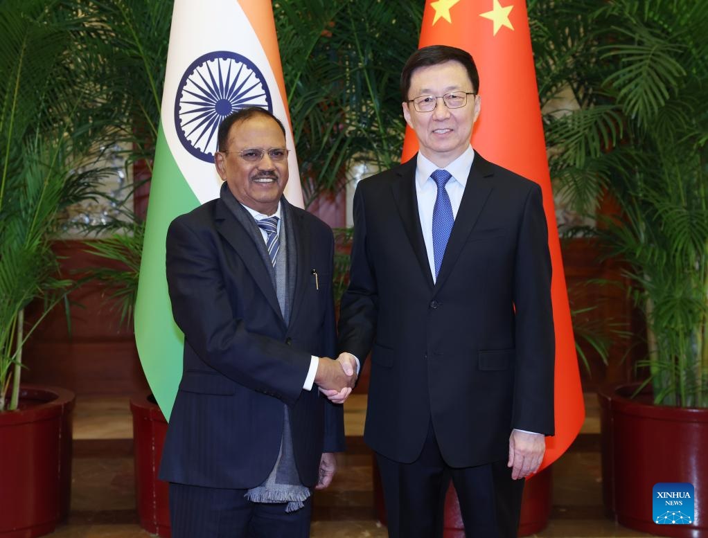 Chinese Vice President Han Zheng meets with Shri Ajit Doval, India's national security adviser and special representative for the India-China boundary question, in Beijing, capital of China, Dec. 18, 2024. (Xinhua/Yao Dawei)