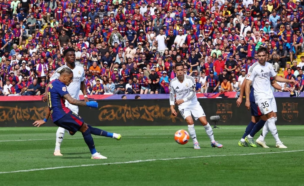 FC Barcelona's Raphinha scores their fourth goal. (Reuters)