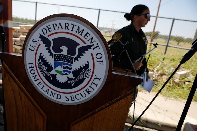 The seal of the U.S. Department of Homeland Security is seen after a news conference near the International Bridge between Mexico and the U.S., as U.S. authorities accelerate removal of migrants at border with Mexico, in Del Rio, Texas, U.S., September 19, 2021. REUTERS/Marco Bello