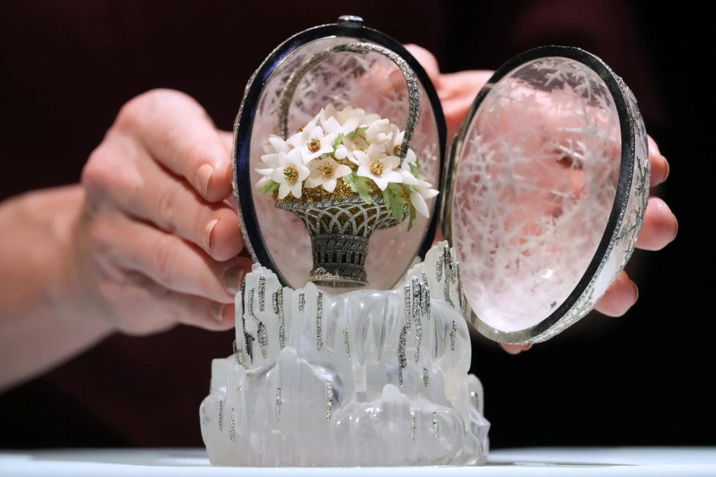 The Winter Egg by Faberge is displayed at Christie’s auction rooms in London, Thursday, Nov. 27, 2025, it is expected to sell for in excess of 20 million UK Pounds when it is auctioned on Dec. 2. (AP Photo/Kirsty Wigglesworth)
