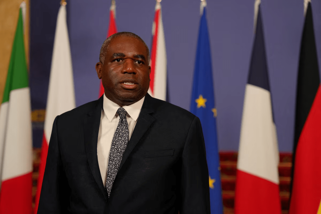 Britain's Foreign Secretary David Lammy speaks to the media as he hosts talks on Ukraine and the future of European security at Lancaster House in London, Britain, May 12, 2025. REUTERS/Carlos Jasso/Pool/File Photo 