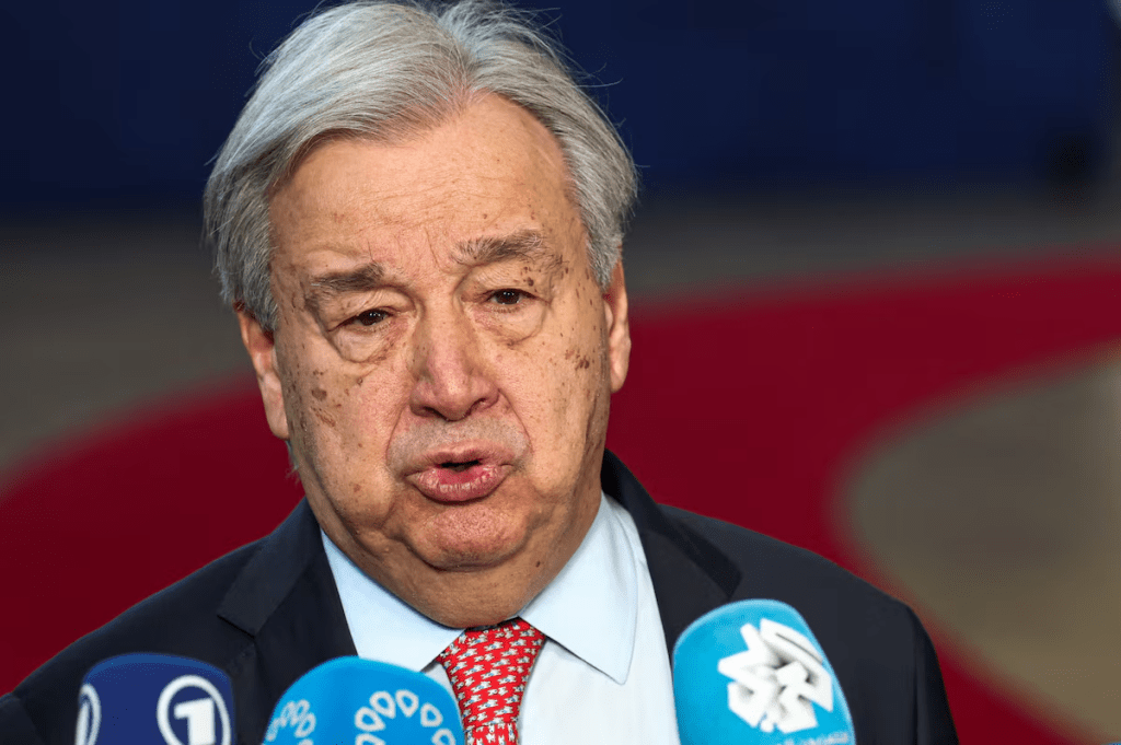 United Nations Secretary-General Antonio Guterres speaks to the press on the day of a European Union leaders' summit in Brussels, Belgium March 19, 2026. REUTERS/Yves Herman