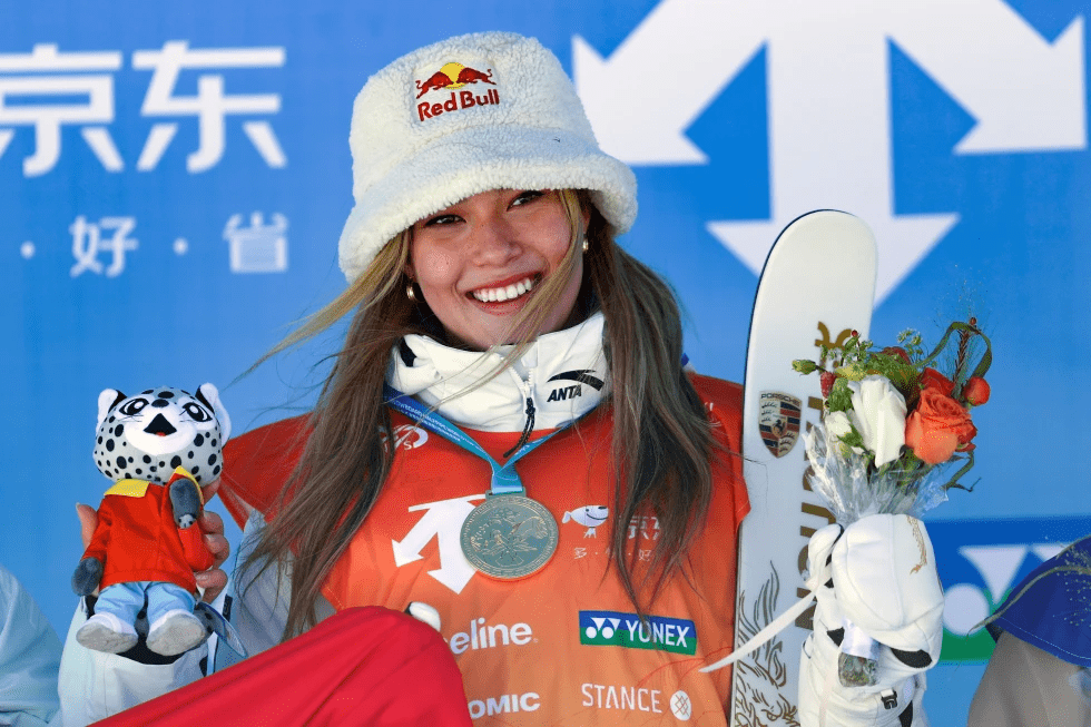 In this photo released by Xinhua News Agency, Gold medalist Eileen Gu Ailing of China poses during the awards ceremony for the women’s halfpipe finals at FIS Freeski World Cup 2025 in Zhangjiakou, north China’s Hebei Province, Saturday, Dec. 7, 2024. (Luo Yuan/Xinhua via AP, File)