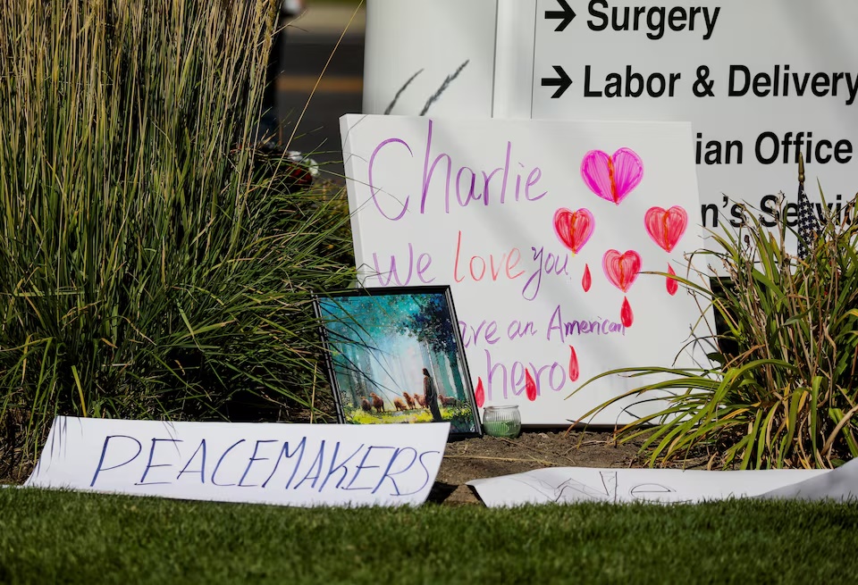  Signs sit at a memorial in Timpanogos Regional Hospital, where people gather to mourn U.S. right-wing activist, commentator, Charlie Kirk, an ally of U.S. President Donald Trump, who was fatally shot during an event at Utah Valley University, in Orem, Utah, U.S., September 11, 2025. REUTERS/Jim Urquhart